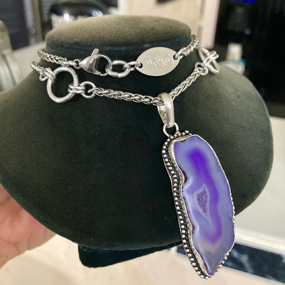 925 sterling silver overlay Purple agate slice gemstone charm boho necklace . - Picture 4 of 16